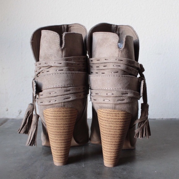 Shoes - Taupe Suede Tassel  Wrap Buckle Ankle Booties